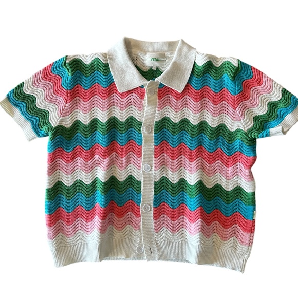 YITAI Short-Sleeve Cardigan Sweater – L (White/Pink/Blue/Green Vestron Stripes) - Picture 1 of 5